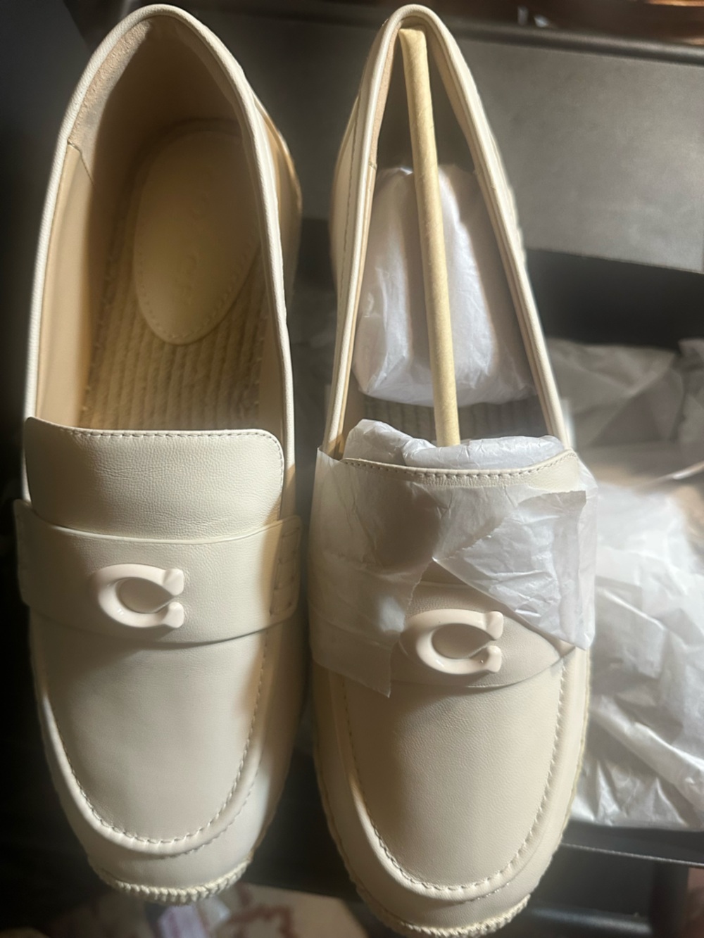 Coach Camilla White/Cream Leather Espadrille Loafers with Jute Sole NWT